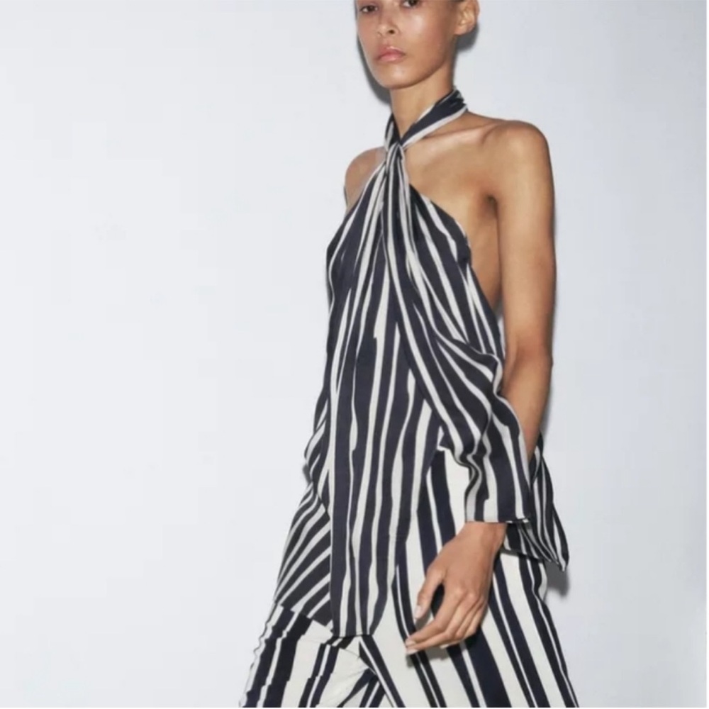 Zara Striped Halter Neck Top in Blackish blue and White XS